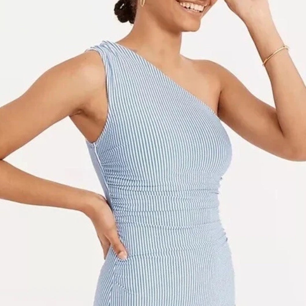 J. Crew Striped One-Shoulder Swimsuit Seersucker Stripe